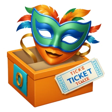 a box and a carnival mask in orange, blue and green with tickets as a bundle sticker