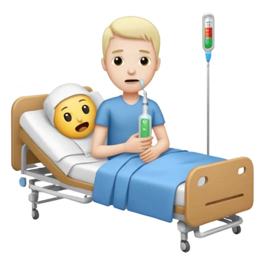 man sick in hospital bed full body thermometer in mouth emoji style tissues nearby sticker