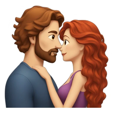 a bearded man with dark hair kissing a woman with long red hair sticker