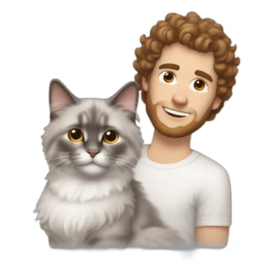 White man with brown curly hair, brown eyes, thick eyebrows, sharp jawline, bigger nose holding white and grey Ragdoll cat sticker