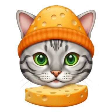 Sliver bengal cat with green eyes wearing a cheese hat sticker