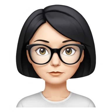 white woman about 50 years old with light warm skin, short black bob haircut to neck with slight waves at ends, neutral determined expression, large black shiny butterfly or cat-eye glasses, white casual t-shirt, calm and creative energy sticker