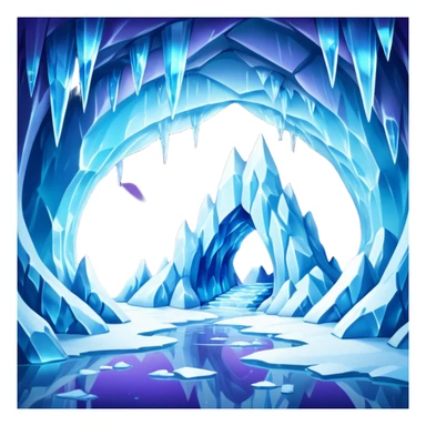 A breathtaking ice cave glowing with blue light, featuring smooth, curved walls made entirely of translucent ice. The interior reflects shimmering shades of blue and purple, with natural light filtering through the frozen surface. Realistic detail, cinematic lighting. sticker
