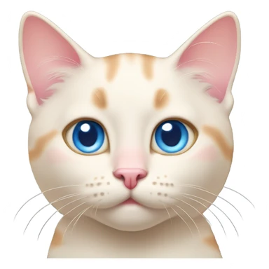 The face of a cream colored kitty with blue eyes, light orange marks and bright pink nose sticker