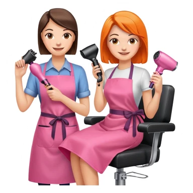 smiling woman client in pink apron sitting in salon chair, female hairstylist smiling behind her with orange apron, holding a hairdryer in right hand sticker