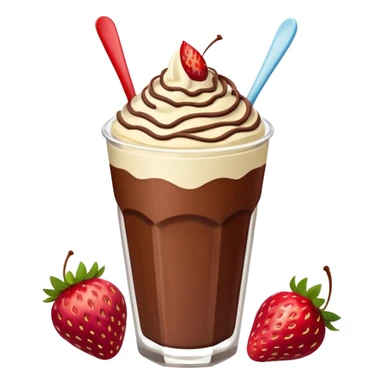 Un vaso cubierto de chocolate que arriba se vea crema batida fresas y mym sticker