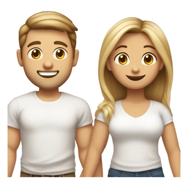 A couple of friends. One light brown girl with dark blonde long hair and and her chubby warm white skin male friend with a side left hair and a. Both with white tshirts and close to each other and happy. Be a cute emoji and just from the shoulders above   sticker