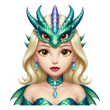 A gorgeous dragon woman with glittering jeweled scales covering her body and face. She has large almond shaped eyes, lush lips, and she wears a stunning luminescent gown. sticker
