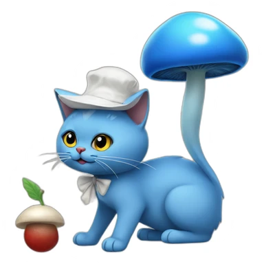 blue cat with white mushroom hat. berries on his back. holding stick with a snail poked into the end of it. sticker