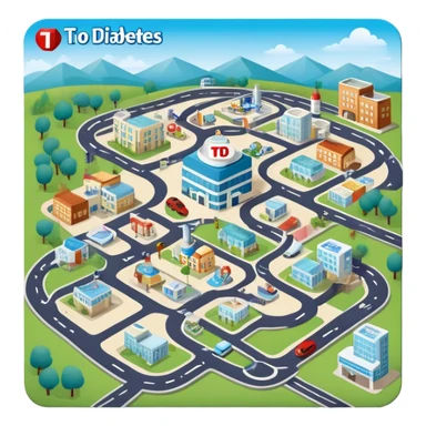 journey on a smaller area game board about Type 1 diabetes and aging with less roads, less buildings (hospital, places to live, advocacy, physical changes, to share knowledge and ways of coping, energetic with text: T1D to 100 and subtext Aging with Type 1 diabetes, easy for seniors to see sticker