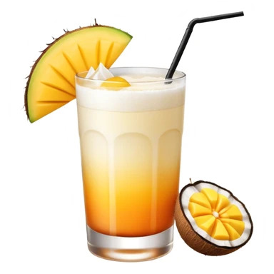 A beautiful cocktail with a creamy white to orange gradient, containing coconut juice and mango, reminiscent of summer. Above, there are tropical flowers, lemon slices, and straws. sticker