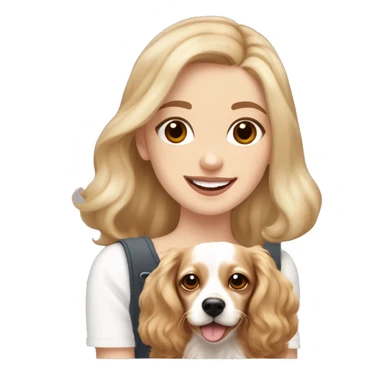 White girl with long wavy blonde hair and brown eyes  holding a white and tan chihuahua dachshund cocker spaniel mix happy with shorter furry ears sticker