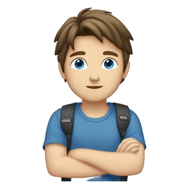 A boy with Brown hair, blue/gray eyes, blue t-shirt with a japaneese flag a jeans pants. Uner the boy i a text that say´s take it easy sticker