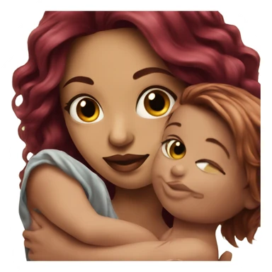 Beautiful tattooed burgundy long haired woman holding a baby sticker