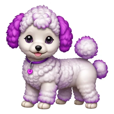 Two white toy poodle–style dogs, fluffy curly fur, round faces, black button eyes, pink and purple dyed ears and paws (magenta/violet tips). One standing upright, one sitting. Cute, plush, emoji style. sticker