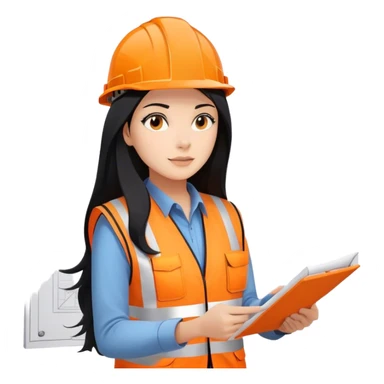 Female civil engineer with long black hair wearing white helmet and an orange safety vest staring at big drawing plan on her hands  sticker