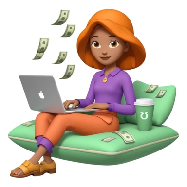3D clay woman character relaxed with laptop and coffee in Paris, floating icons (dollars), colofrful modern outfit, white laptop, Pixar style, transparent background sticker