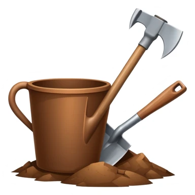 An icon featuring a shovel, pickaxe, and an ancient artifact like a broken pot, symbolizing the essentials of archaeology. The design focuses on the tools of excavation and discovery, with minimal detail for a clean, recognizable look. Transparent background. sticker