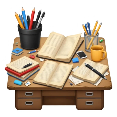 Messy Desk with books and pens sticker