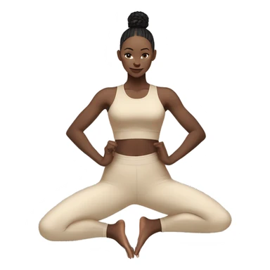 Pale skinned fit women in a beige tight yoga suit and wristbands with black hair in a bun doing yoga sticker
