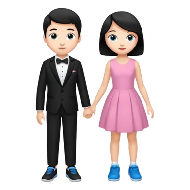 generate a pretty bratz fair skinned boy with short black hair wearing a black tux with blue sneakers with a girl in a pink dress sticker