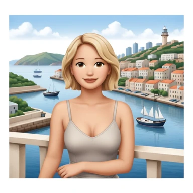 jennifer lawrence, leaning on a balcony with a harbor and cityscape in the background, smiling, closeup portrait  sticker