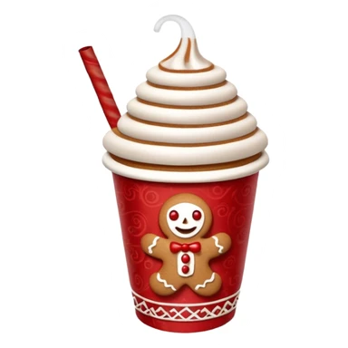 3D emoji of a festive paper cup from the Moscow Red Square Christmas fair. The cup features traditional Russian red and white ornaments. Steam is rising from the top, with a cinnamon stick and a small gingerbread man cookie peeking out. Glossy paper texture, soft 3D render, sticker