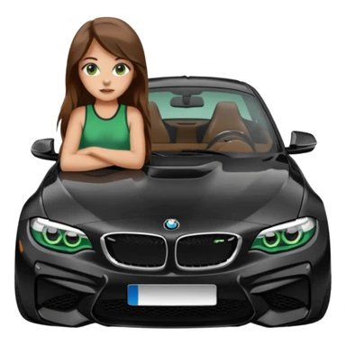 Beautiful Caucasian girl with green eyes and long brown hair  realistic girl doing sitting on the hood of BMW M2 car sticker