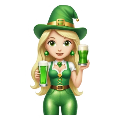 Blonde haired pretty woman in glittery green bell bottoms and tall leprechaun hat holding a green beer sticker