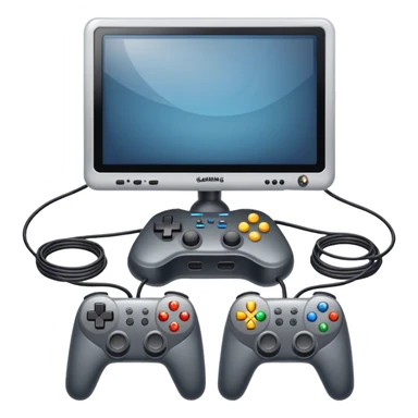 An icon showing two monitors with gaming interfaces, connected by a wire. Each monitor displays a different game screen, with two gamepads placed nearby, symbolizing multiplayer gameplay. transparent background. sticker
