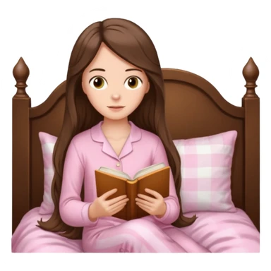  white long brunette hair girl with hazel eyes in light pink pajamas reading Pride and Prejudice sticker