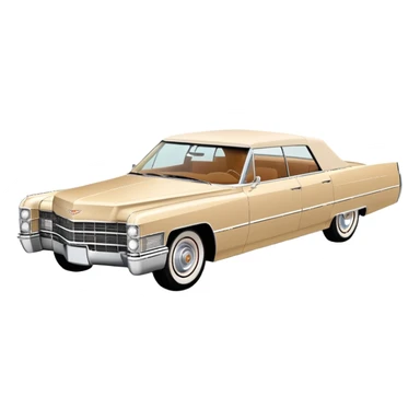 Geometric beige 1966 Cadillac DeVille, reduced to simple shapes, minimalist 30-degree view, basic forms only, Once Upon a Hollywood inspired, iOS emoji style sticker
