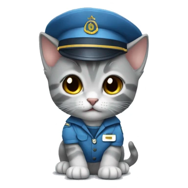 Cute grey kitten wearing a blue pilot‘s uniform sticker