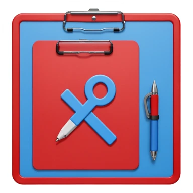 A red clipboard with a tactical scheme (X's and O's) crossed out and a question mark (?) above it. blue (#00A3E0) and red (#F9423A) sticker