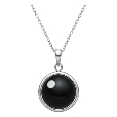 polished round black onyx pendant on a delicate silver chain, glowing faintly like a celestial orb sticker