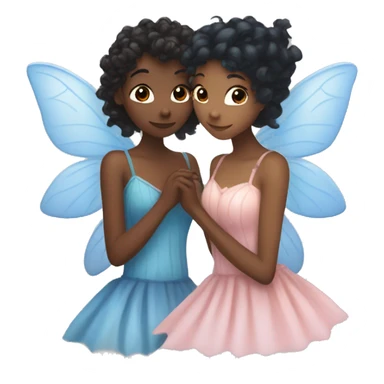 two fairies kissing, one is pale white and has a pink dress and her hair is orange, and other is dark brown with curly black hair and a blue dress sticker