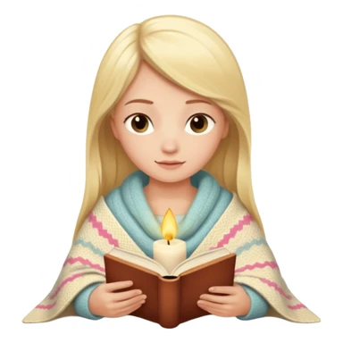 Cozy blonde girl reading book with blanket and candle sticker