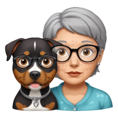 ONE Pit bull Rottweiler mix with white muzzle and spots on muzzle next to ONE older woman with really short grey hair and brown eyes sticker