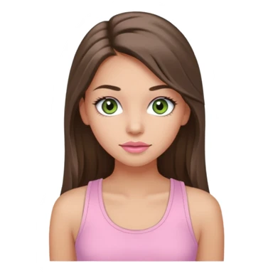 Create a teen girl wearing a light pink tank top. She will have long brunette hair, tan skin, pink lips, and grey-green eyes. She has long eyelashes. sticker