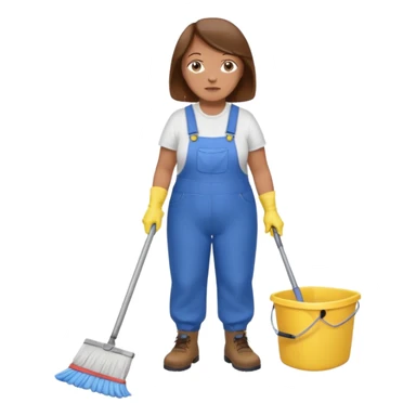 old and fat women, brown hair, Custodian with yellow rubber gloves, white T-shirt, blue overalls, mopping floor sticker