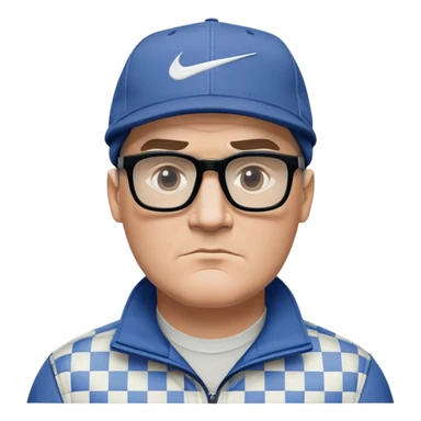 50-year-old heavyset man with very wide face and prominent square jawline. Short straight hair combed to the side, not balding, wearing a black Nike cap. Large dark square glasses. Serious-relaxed expression. Light gray jacket that fits his larger frame, white shirt with blue checkered pattern. sticker