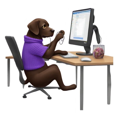 Chocolate lab working on computer with small headset , food on desk, wearing purple sweater  sticker