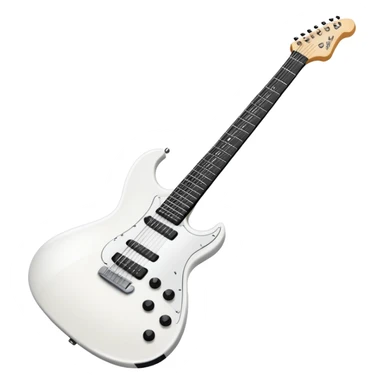 White electric guitar with sleek shiny body, black strings, and smooth neck sticker