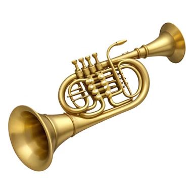 Create a refined and elegant emoji representing the Arnolds & Sons AHR-350 horn. The design should feature the instrument's beautifully coiled brass body with its distinct flared bell, showcasing the high-quality craftsmanship. Include delicate details like the tuning valves, finger buttons, and elegant brass finish. Add subtle musical notes around the horn to symbolize its melodic sound. Use warm golden and brass tones to convey the luxury and professional quality of the instrument. The background should be transparent sticker