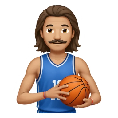 long haired man basketball player blue jersey with mustache holding basket ball sticker