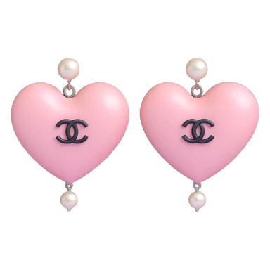 glossy black and white 3D emoji-style heart-shaped earrings with string of pearls and silver Chanel logo, elegant sticker