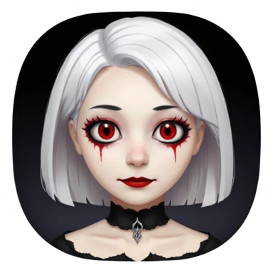 female, unnatural eye color with veiny eyes, sickly skin texture combined with an unnatural creepy smile, liminal setting that feels wrong, uncanny eerie art style, scary femme fatale, bob cut, mole under eye, white hair, red iris, black mascara, black eyeshadow, Gothic white skin, sticker