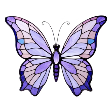a stunningly detailed butterfly with lilac and ice-purple wings, adorned with an elegant mosaic-like pattern resembling stained glass. The wings should display a harmonious blend of swirling and geometric designs, giving them a mystical and artistic feel. The butterfly should have a graceful, elongated body with a subtle metallic sheen, enhancing its enchanting presence. sticker