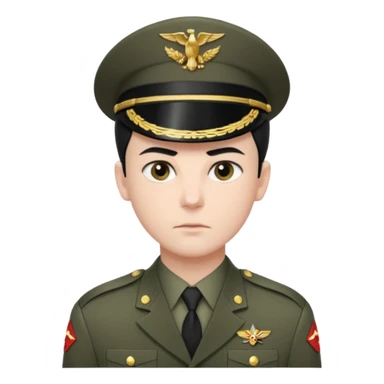 short black neat hair, sharp dark gray eyes, pale skin, serious expression, wearing military uniform, upright posture, minimal accessories, sharp and precise style. Man sticker