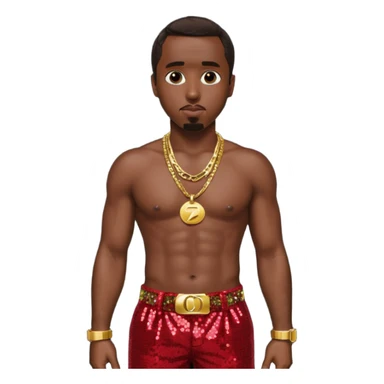 P Diddy with dark brown hair, dark red sequin baggy pants, shirtless with necklace sticker